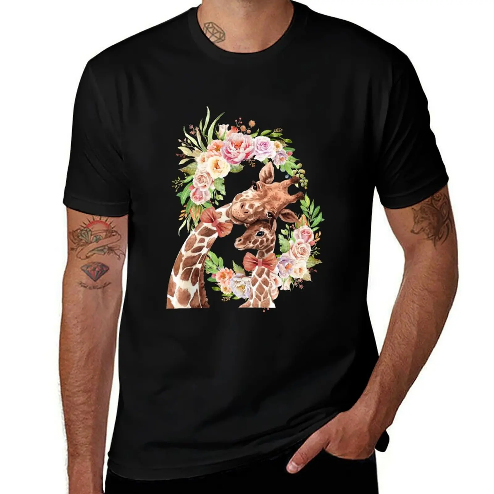 Mom And Baby Giraffe With Floral Design T-Shirt Summer Holiday Casual Tee