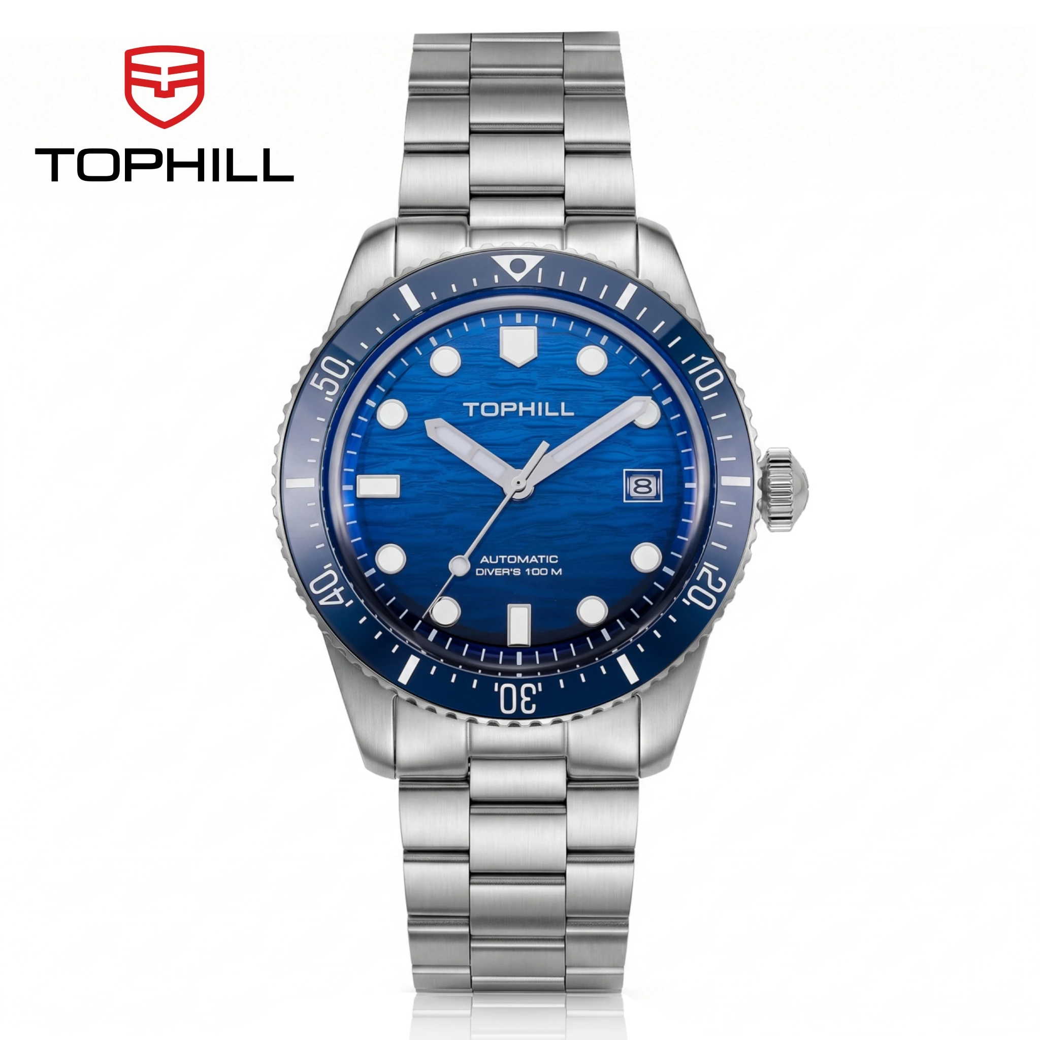 TOPHILL Automatic Mechanical Watch 39.5mm Miyota 8215 Swimming See-Through Caseback C3 Lume Ocean Wave Dial 3H Date10Bar TD017G