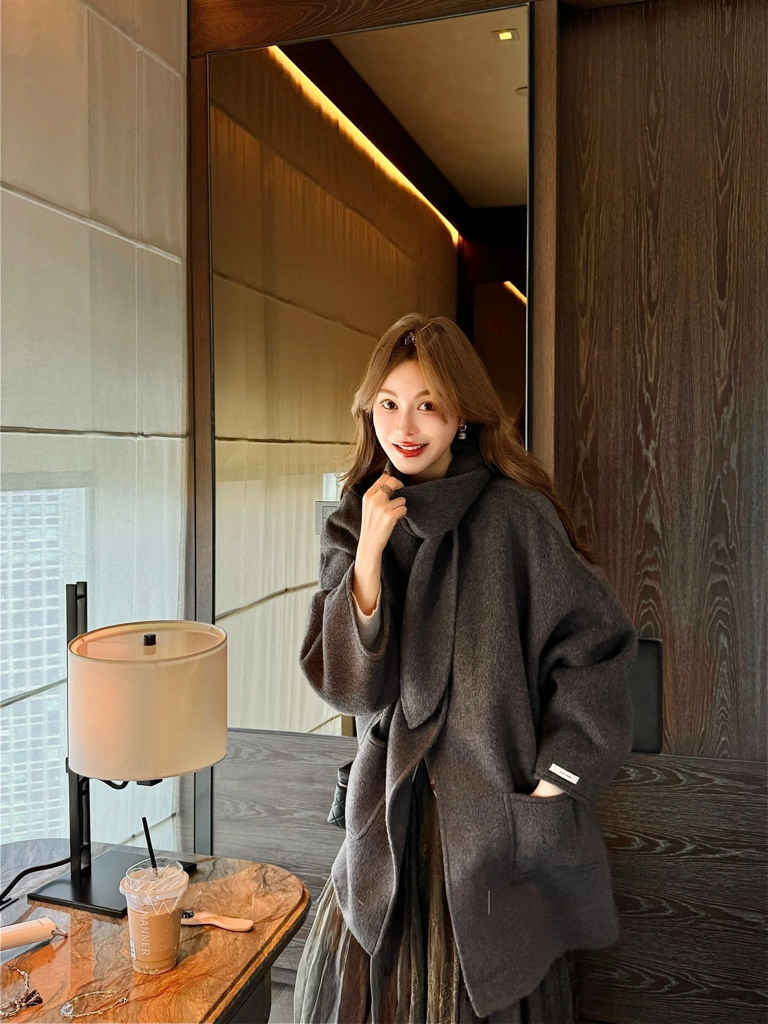 

Пальто-шарф Qian Meixi из двусторонней шерсти, средней длины, женское, модное, премиум-класса, из верблюжьей шерсти, в двух цветах