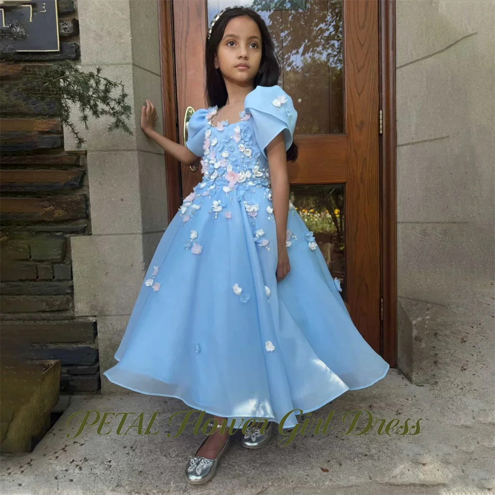 Petal Sky Blue First Communion Dress with Applique Square Neck Girls Princess Dress Puff Sleeve Party Dress for Girls Customized