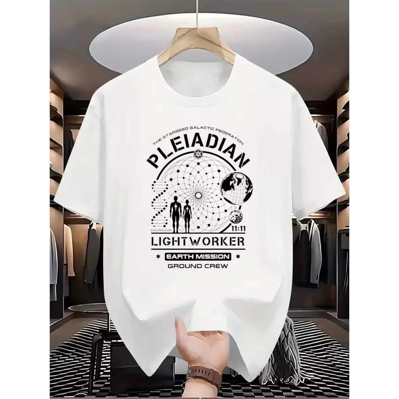 Crew Neck Graphic Cotton T Shirt For Men Black White Options, Pleiadian Light Worker Earth Mission Ground Crew Oversized Tees Casual Wear, Spring Short Sleeve Loose Fit Tops, Summer Fashion Basic Shirts, Clothes Gift For Men