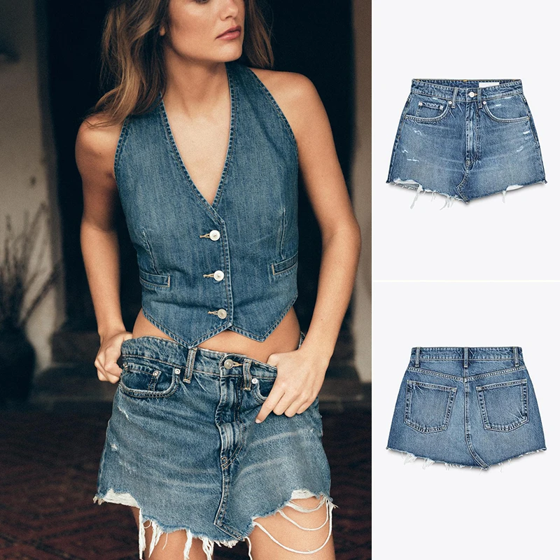 

Spring Summer New Women's Simple Bow Decorated Hole Denim mid Waist Skirt Versatile Sle Polyester Fiber Slim Fit ort...
