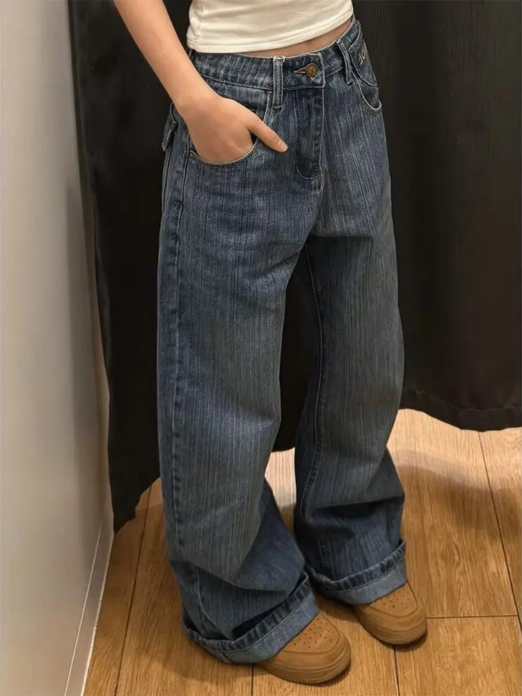 Retro American Paris Buckle Design Denim Jeans Women's Loose Wide Leg Long Pants Blue Color Trendy Ladies Casual Trousers