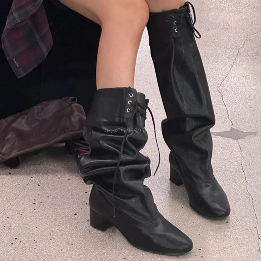 Women Black Brown Leather Ruched Knee High Boots Round Toe Lace Up Chunky High Heel Slouchy Stacked Boots Combat Western Boots view 6