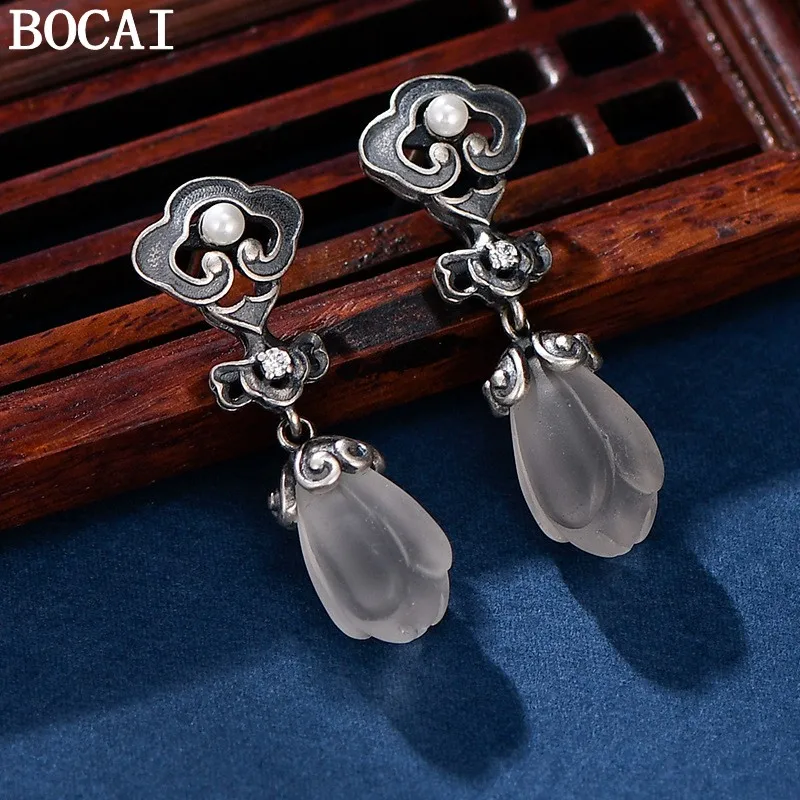 

BOCAI S925 Silver Charms Studs Earrings for Women New Fashion Magnolia Flower White Crystal Tassel Ear Studs Punk Jewelry
