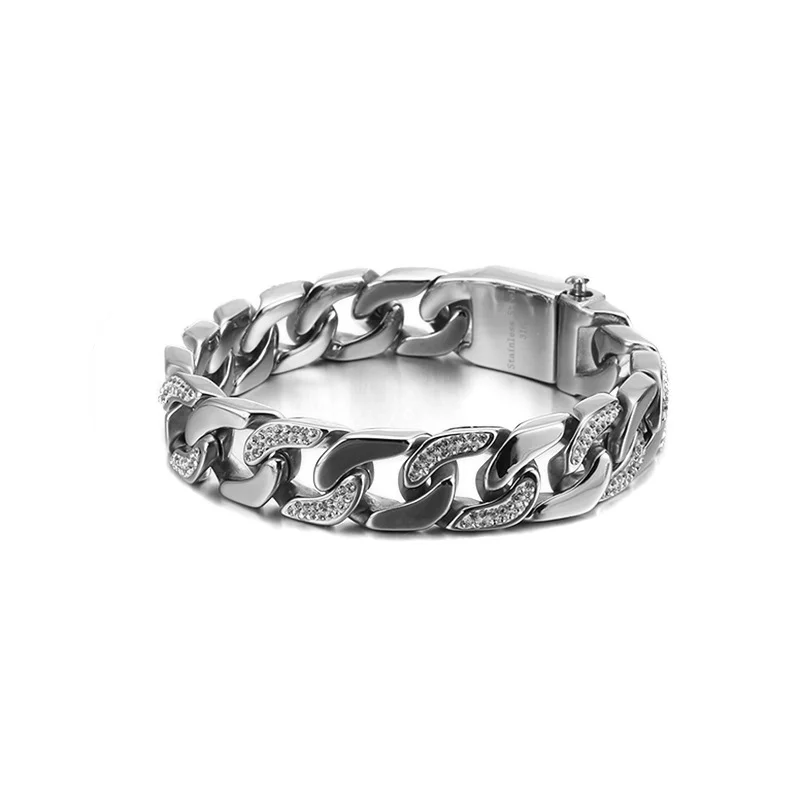 Hip Hop Men Stainless Steel Rhinestone Cuban Chain Bracelet Bling Curb Link Wrist Bangle For Men Trendy Jewelry Party Gifts