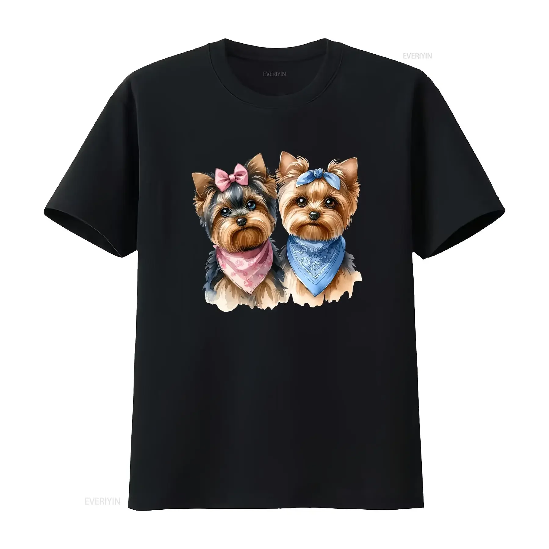 Watercolor Yorkshire Terrier T Shirt with Bandana Bow Adorned Dogs Artistic Pet Lover Unique Top Idea For Him Her vintage