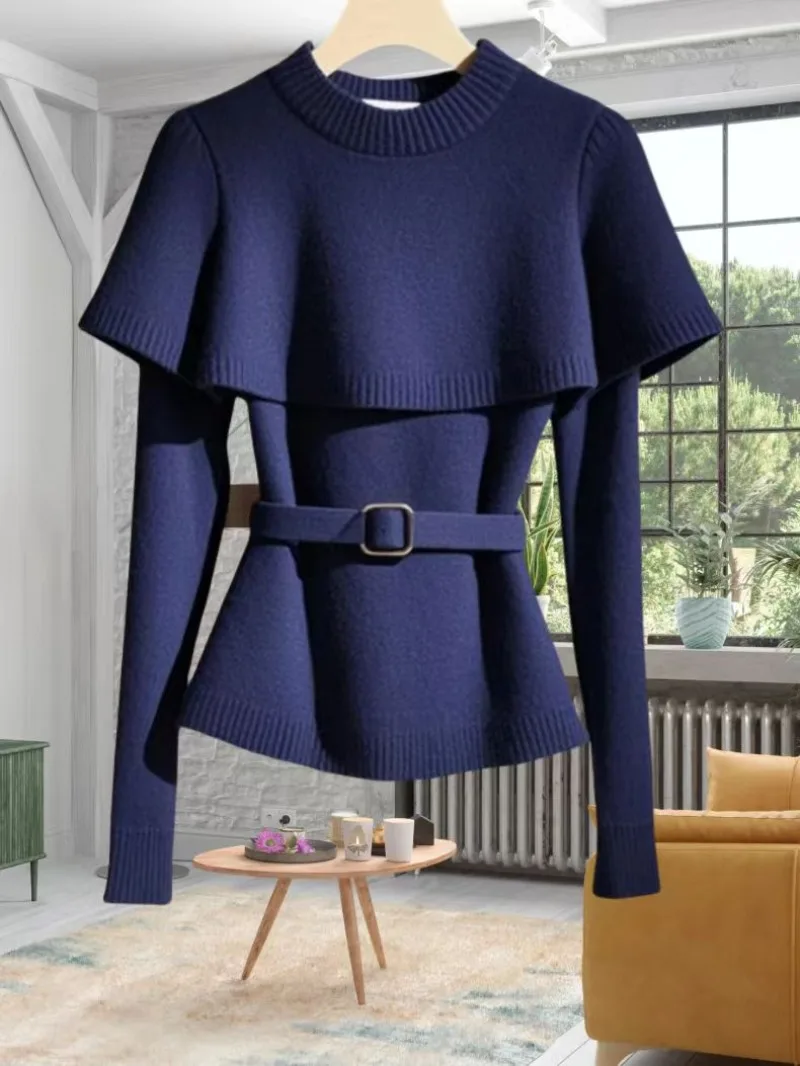 Retro Soft and Sticky Knitted Sweater for Women Long Sleeve Vintage Blue Shawl Cloak Sweater Elegant Office Lady Autumn Winter