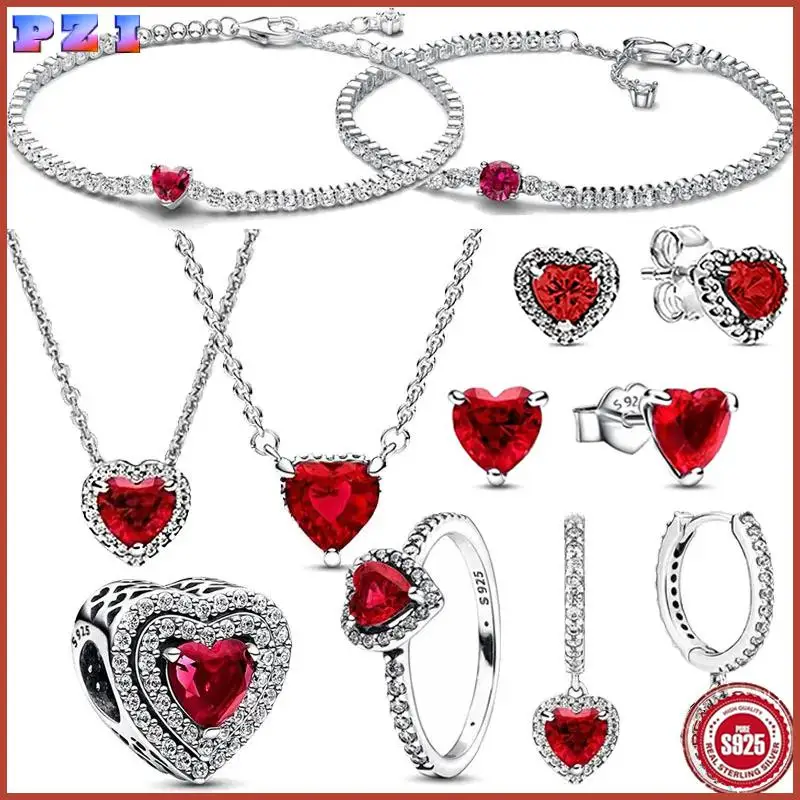 

Hot Selling S925 Sterling Silver Exquisite Red Heart Zircon Ring Bracelet Set Classic Gift Women's Engagement Holiday Jewelry