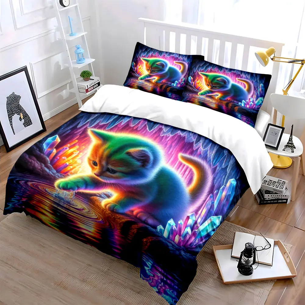Rainbow kitten with glowing crystals Printed Duvet Cover Set1 Duvet Cover+2 PillowcaseMulti Size Bedroom Bedding Decor