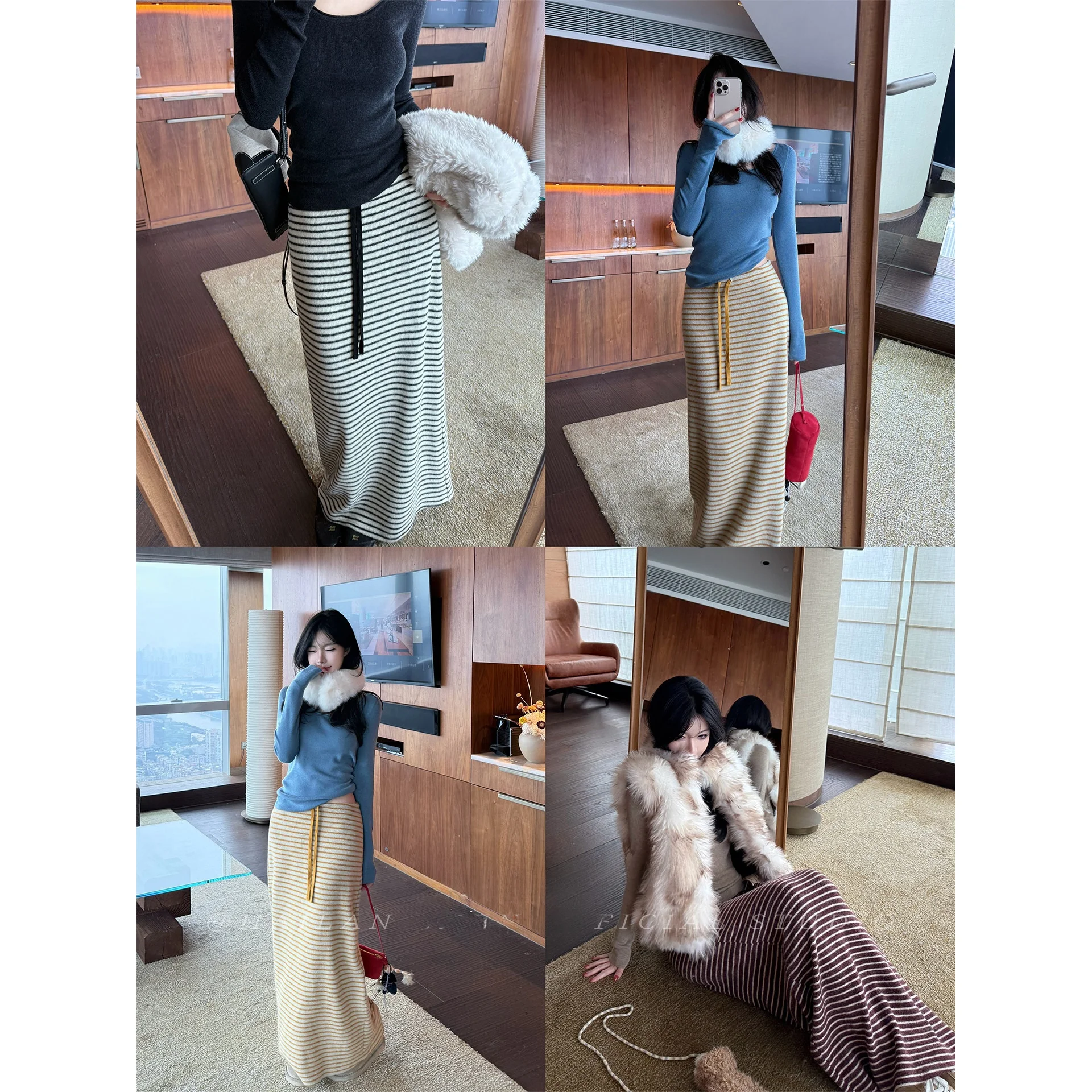 

Новое весеннее женское повседневное платье свободного кроя с высокой талией, трехцветными полосками и завязками, удобное, свободное, в стиле юбки-миди