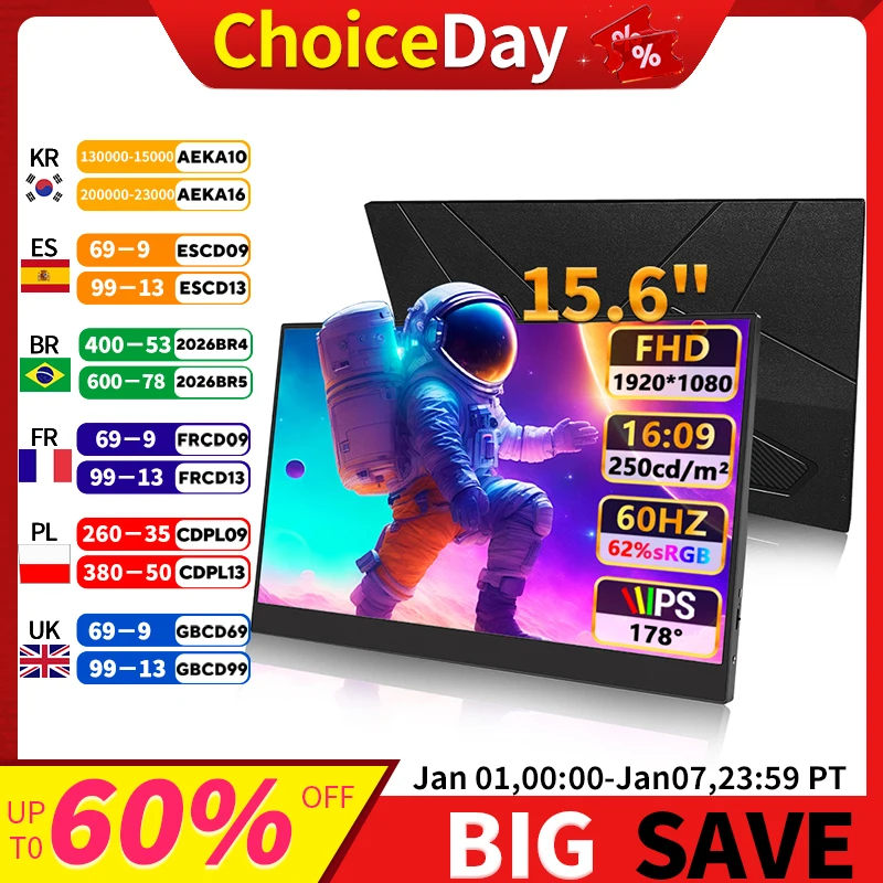 15.6'' FHD 1080P 250cd/m² With dual Type-c & HDMI Interface Ultra-Slim Portable Monitor for Laptop PC Phone PS4/5 Xbox Switch