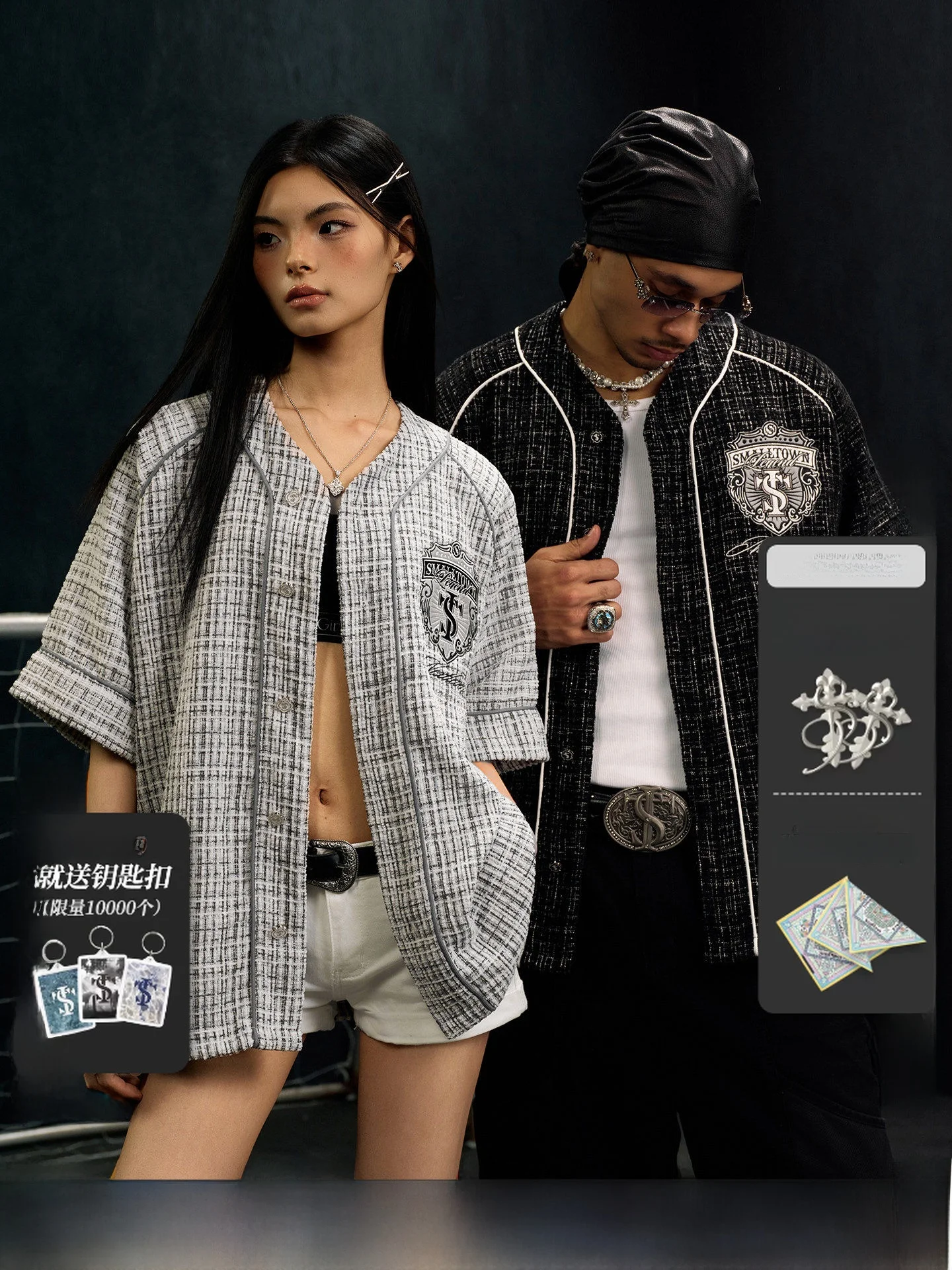STK SmallTownKid Badge Short Sleeve V-Neck Button up Loose Fit Baseball Shirt Vintage Style Casual Shirt for Men And Women