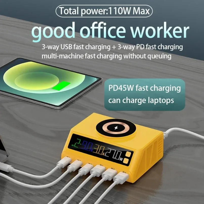 qc30対応、デジタル表示付き、pd急速充電、磁石吸着式ワイヤレス充電機能搭載の多ポートusb充電ステーション。iphone、samsung、androidに対応。プロ仕様。