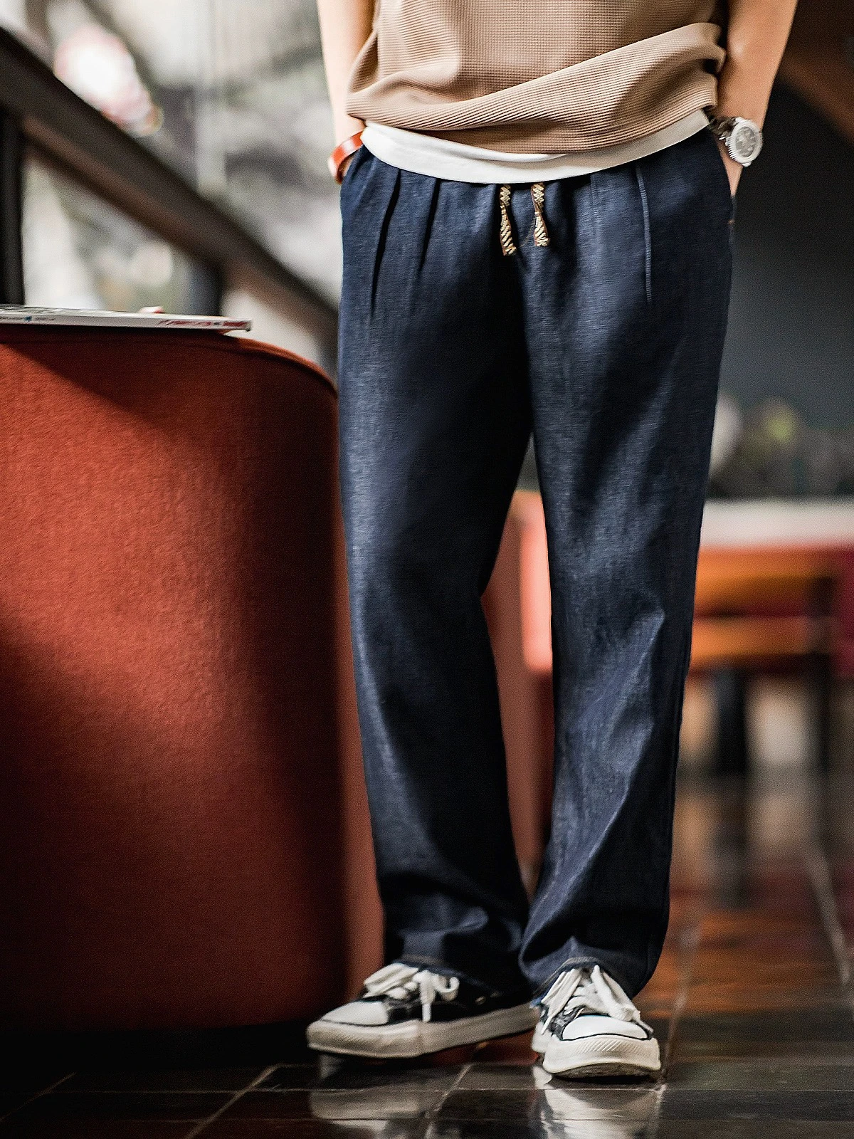

Maden American Casual Ice Skin Denim Men's Loose Straight Leg Long Pants Spring Elastic Waist Jeans Cotton Polyester Lyocell