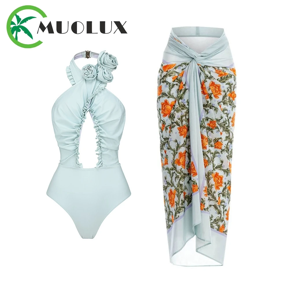 

MUOLUX 3D Flower Swimsuit One Piece 2024 Vintage Print Beach Skirt Women Cover Up Swimwear Summer Backless Bathing Suit Monokini