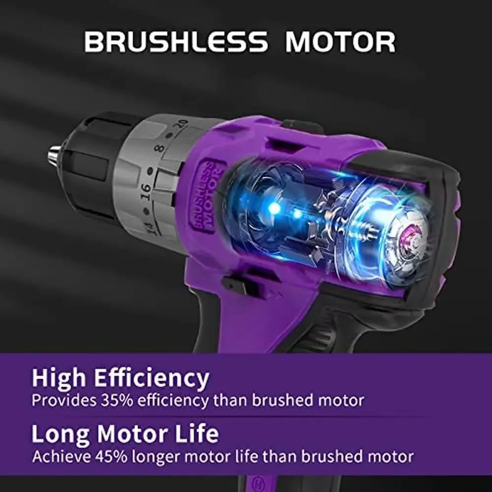 Compact 20V Brushless Cordless Drill Set Purple Electric Driver Motor 20 with 3 Torque Settings 48 N.m 2 Batteries 2000rpm