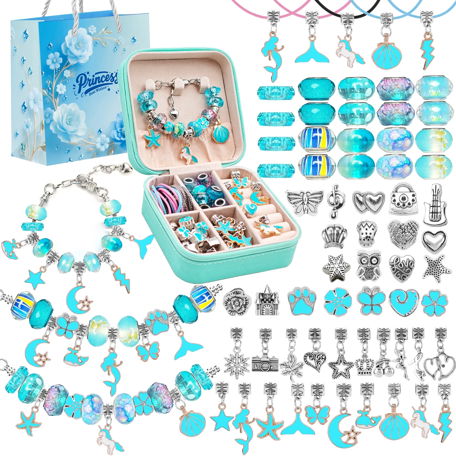 

2026 Blue 68pcs Charm Bracelet Making Kit, Creative Handmade Jewelry Set with Blue Jewelry Box and Gift Bag, New Year Christmas