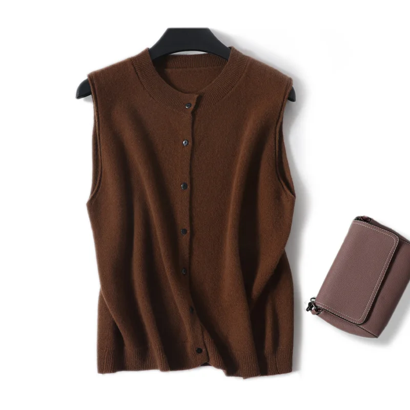 Women's Autumn and Winter New Style Artistic Retro Style Solid Color Button Round Neck 100% Wool Knitted Sweater Buckle Vest