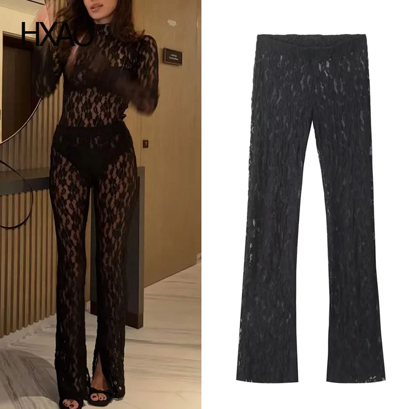 

HXAO Black Women's Pants High Waist Pants with Slit Mesh Sexy Trousers Female Legging Pants with Cutout Flare Pants Woman Sets