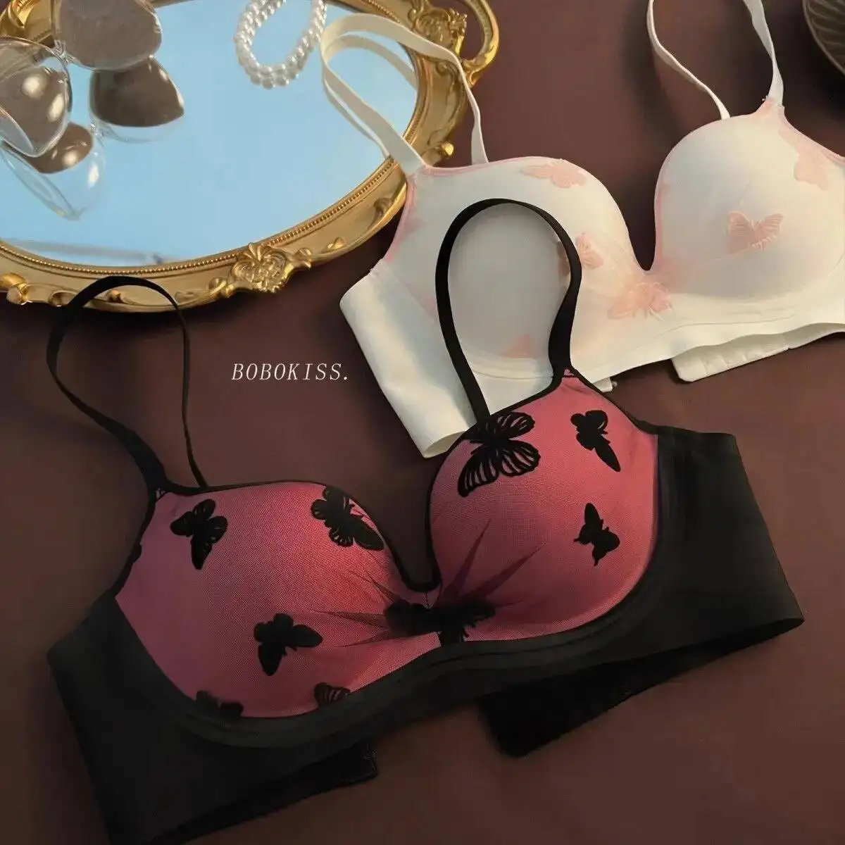 

Sweet Pure Desire Butterfly Embroidery Girl Underwear Small Chest Push-up Anti-sagging Side Breast Collection New Dopamine Bra