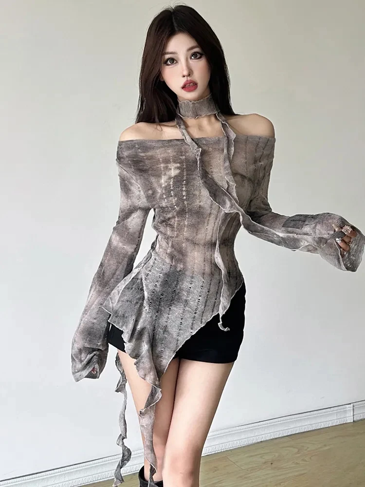 Zoki Tie Dye Y2K T Shirts Women Sexy Off Shoulder Slim Gothic Tops Streetwear Vintage Long Sleeve Lace Up Lady Slash Neck Tees