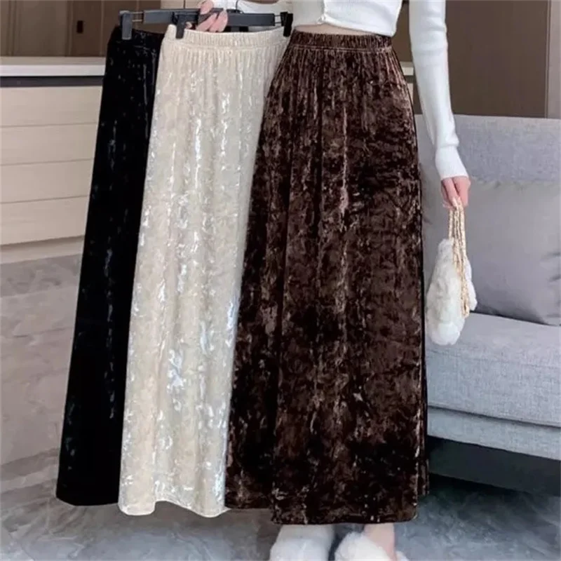 2025 Women Fashion Casual Skirts Autumn Winter Ladies High Waist Maxi Skirt Retro Feminine Mid Length Golden Velvet Long Skirts