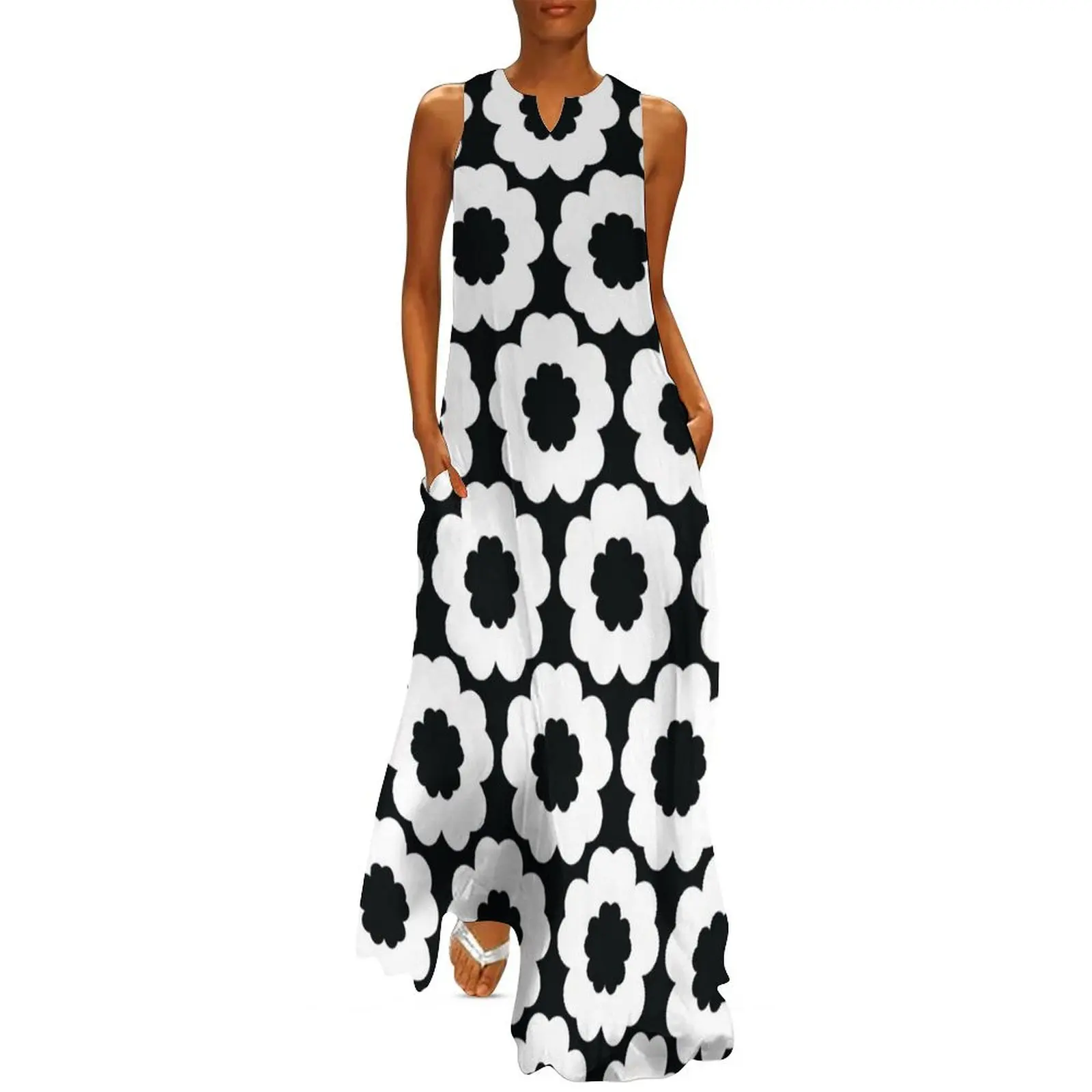 

Retro Black n White Flower Power Seamless Pattern Print Long Dress elegant chic women dresses promotion women"s dresses luxury