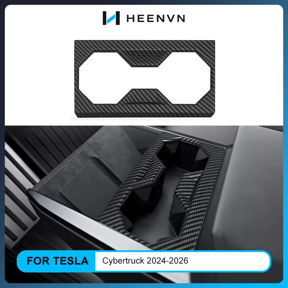 Heenvn Mittelkonsolen-Getränkehalter-Abdeckung für Tesla Cybertruck 2024-2026 ABS Carbon Wasserbecher-Dekorverkleidung Innenzubehör