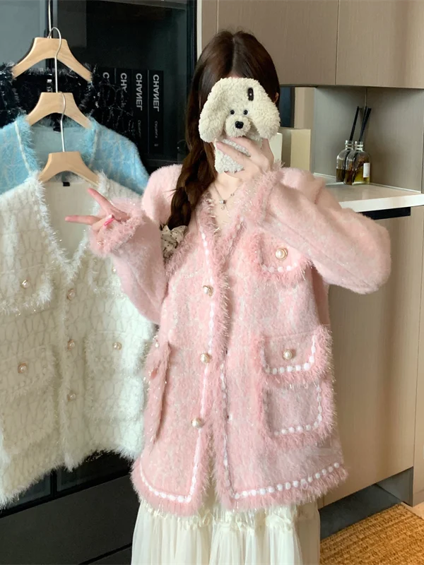 

plus Size Women's V-Ne Velvet Jaet Autumn Winter Faion Slimming Tassel Top Korean Sle Loose Fit Long Sve Coat