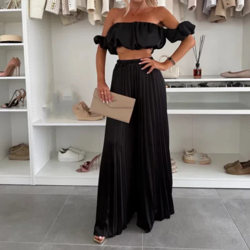 

Summer High Street Pleated Loose Suit Fashion Short Sleeved Solid Outfit 2025 Sexy Strapless Crop Top & Pants Women's Two Piece