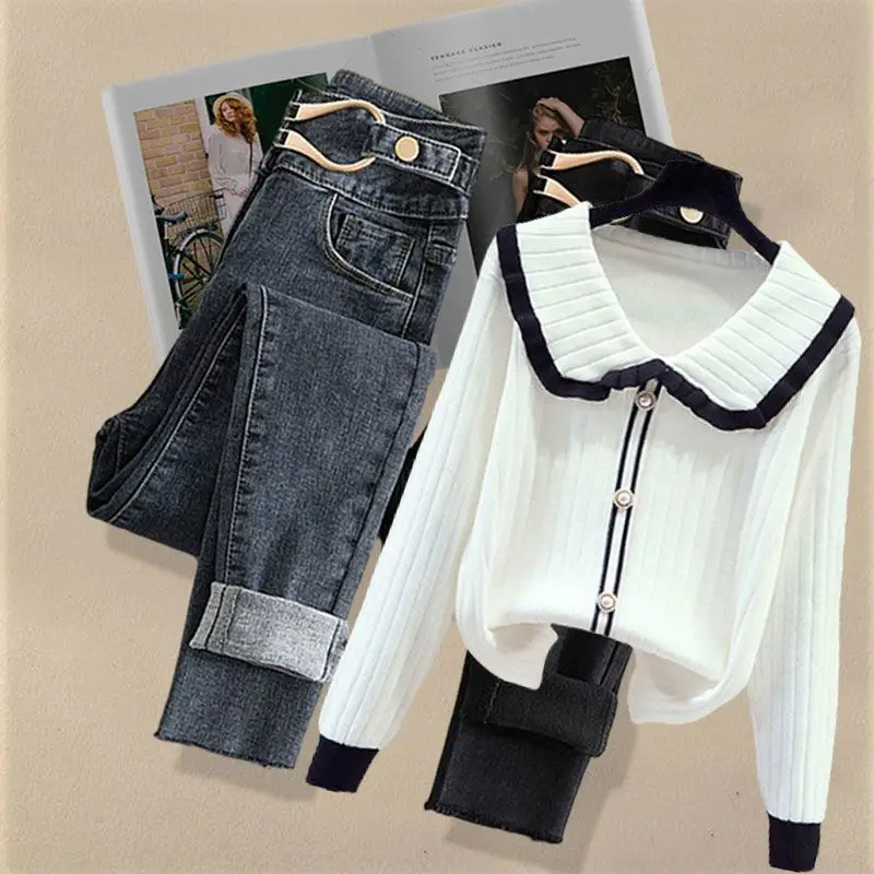 Women's 2024 Spring Autumn New Doll Neck Knitted Sweater High Waist Jeans Two Piece Suit Korean Elegant Denim Pants Matching Set