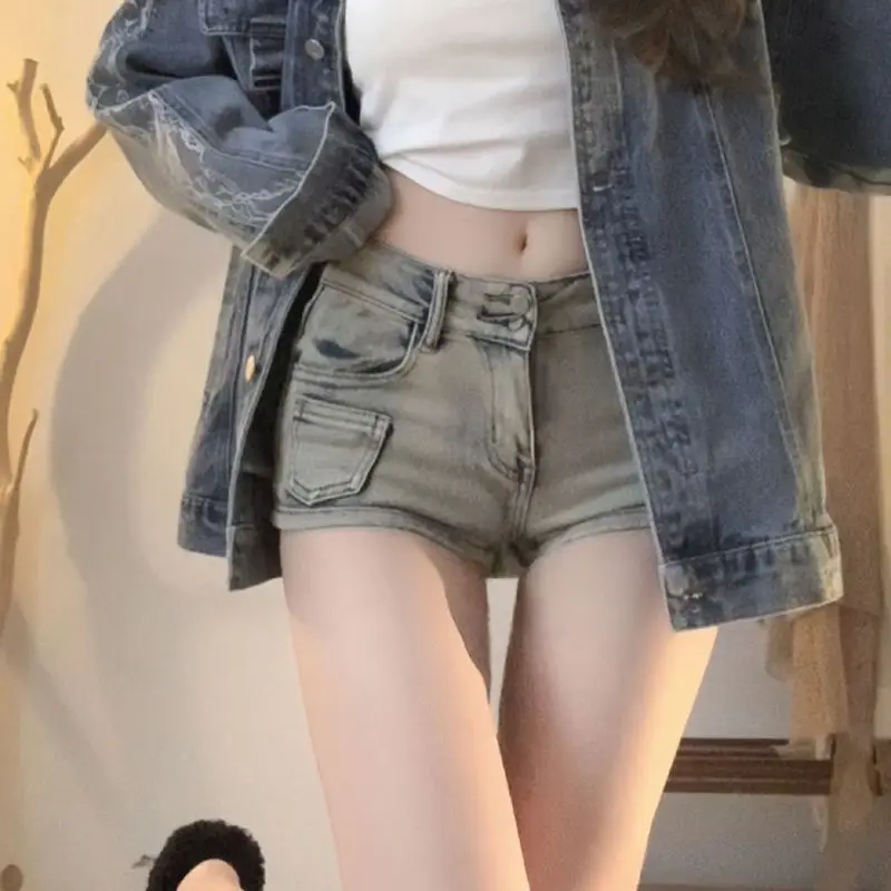 Pantaloncini di jeans aderenti Donna Stile vintage Streetwear Tasche alla moda Chic Summer American Retro Lady Hotsweet Casual Night Club