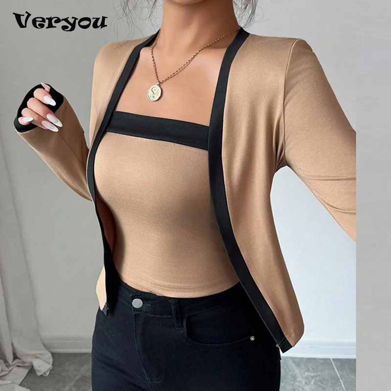 

Fashion Women Short Cardigan Vest Suit Female Elegant Two Piece Set Women Patchwork Color Jacket Set