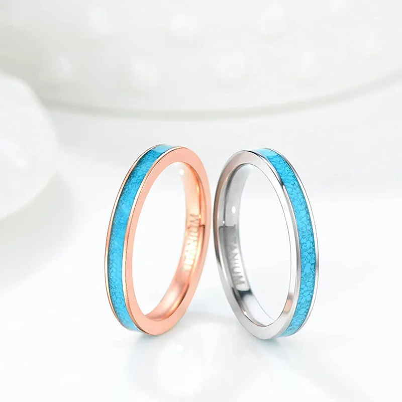 TIGRADE 3MM Titanium Ring Blue Turquoise Engagement Wedding Band for Women Fashion Finger Rings Party Jewelry Gift