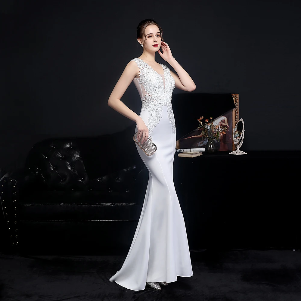 Double V-Neck Floral Lace Handmade Applique Beaded Fishtail Dress Sleeve  Long Dress Wedding Party Prom Evening Dress For Women