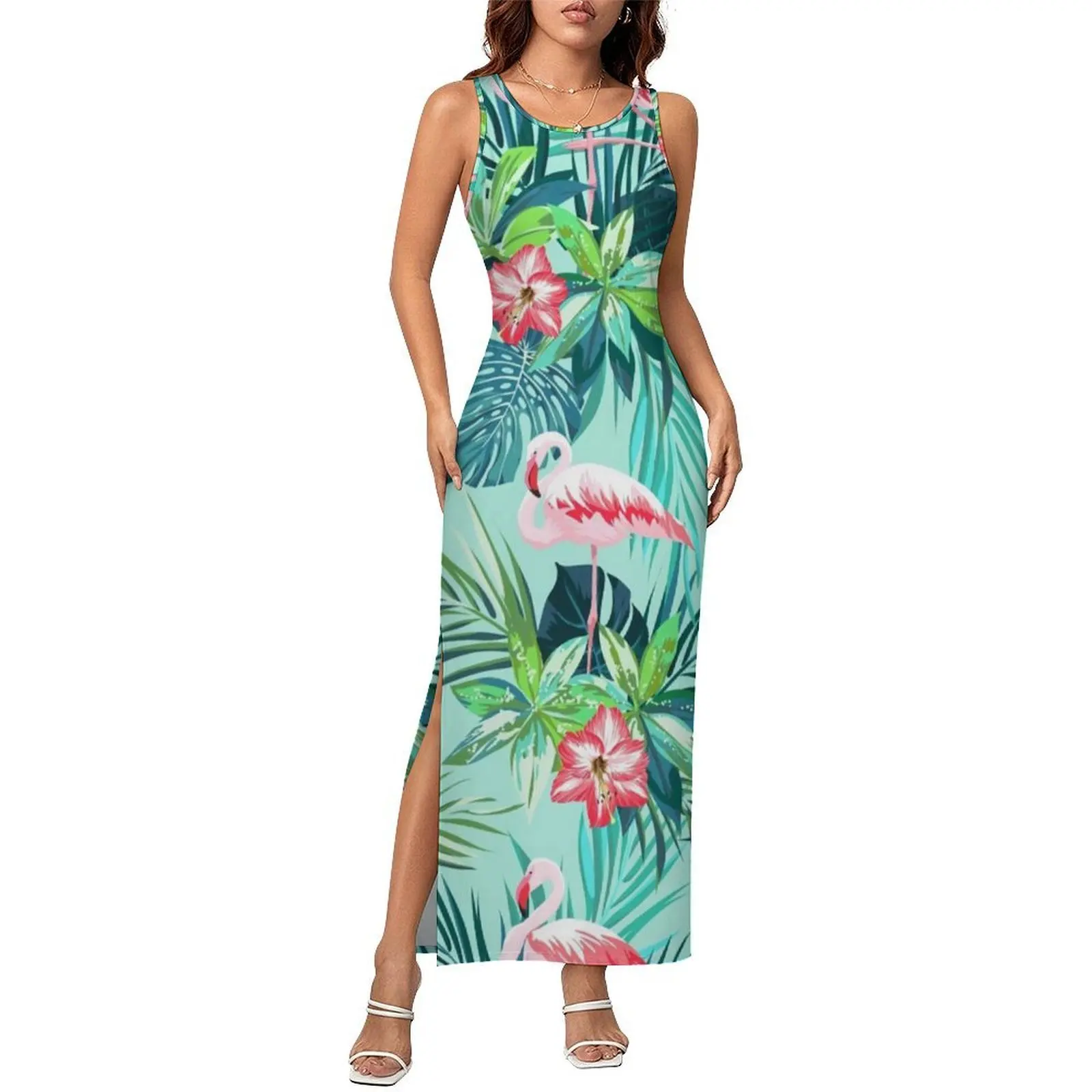 Vestido ajustado con estampado de flores de flamenco, ideal para la primavera, en un color verde brillante, con motivos de hojas, de estilo informal y largo, para mujer, sin mangas, de moda urbana, disponible en tallas grandes.