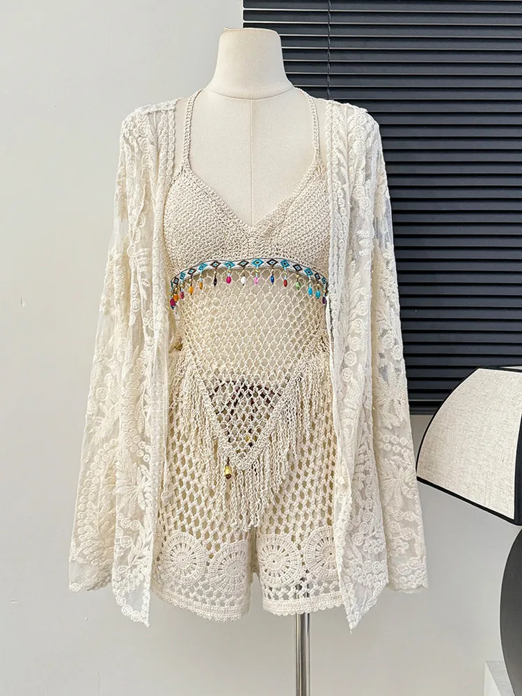 Summer New Beach Holiday Sweet Lace Cardigan Shawl Tassel Halter Top Hollow Shorts Three-Piece Set Female Fashion Outfits