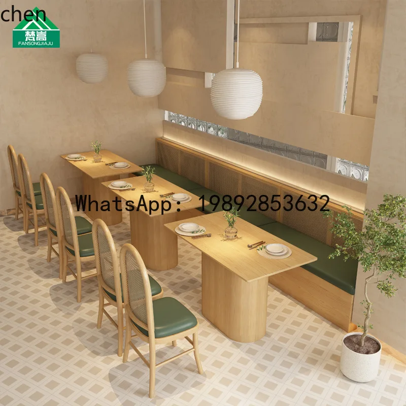 YFY  Booth Sofa Theme Restaurant Tea House Wall-Mounted Semi-Circular Booth Dining Shop Solid Wood Woven Rattan Table and Chairs