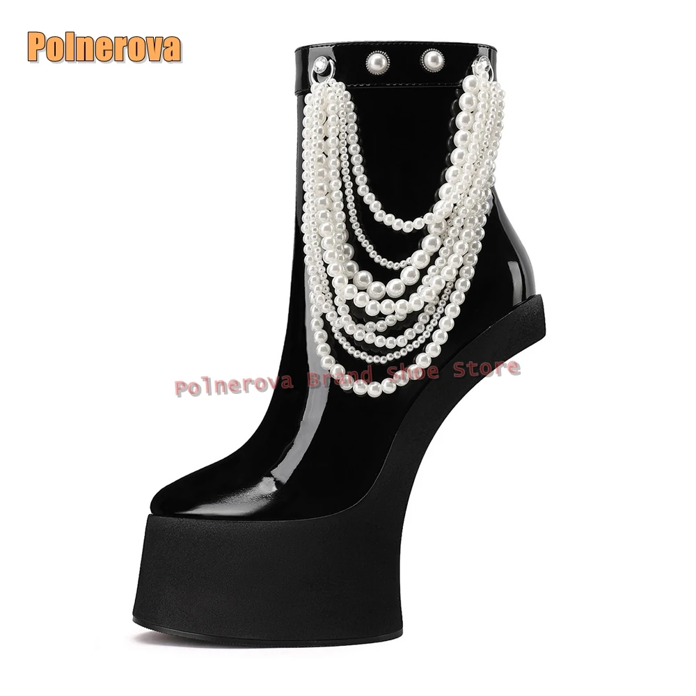 

Странный стиль, украшенные жемчужной цепочкой, ботинки с острым носком, подковообразный каблук, боковая молния, черные лакированные кожаные женские модные туфли до середины икры