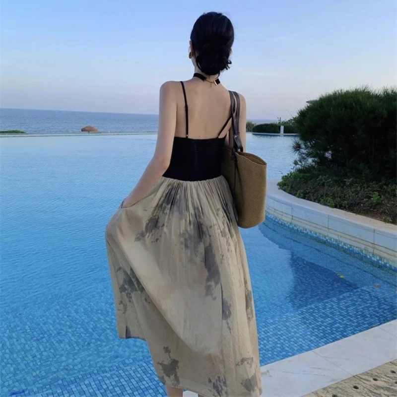 Retro Inktprint Strandjurk Dames Chinese Stijl Vakantie Patchwork Sexy V-hals Zomer Casual Jarreteljurken met Zak