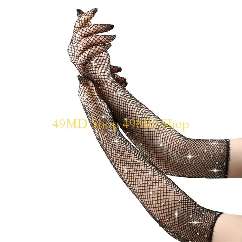 49MD Long Hand Gloves Rhinestones Studded for Theme Prom Costume Accessories