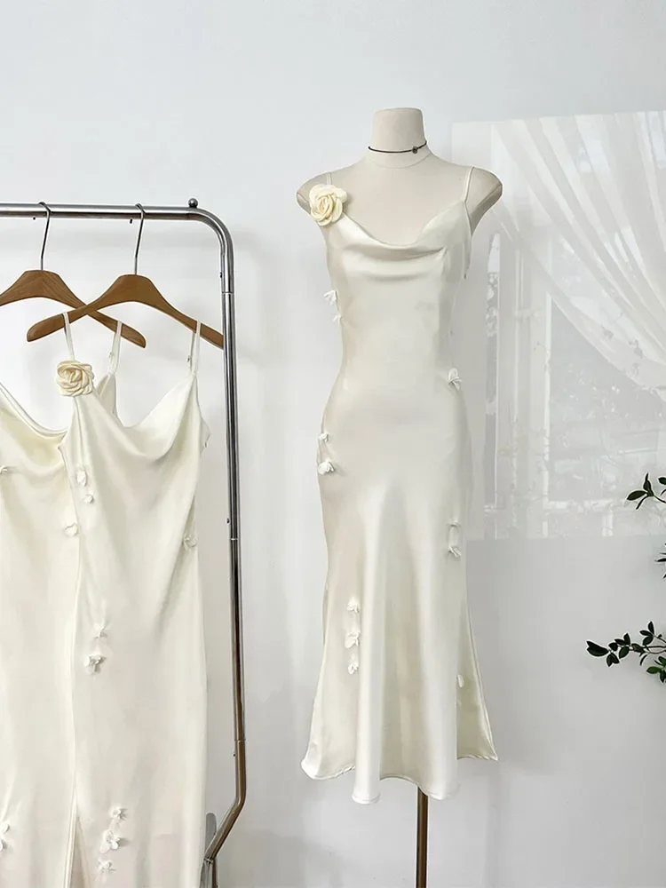 

Mori Girl Beige Evening Dress Fashion Off Shoulder Swinging Collar Spaghetti Strap Dress 3D Flower Luxury Streetwear Party Prom