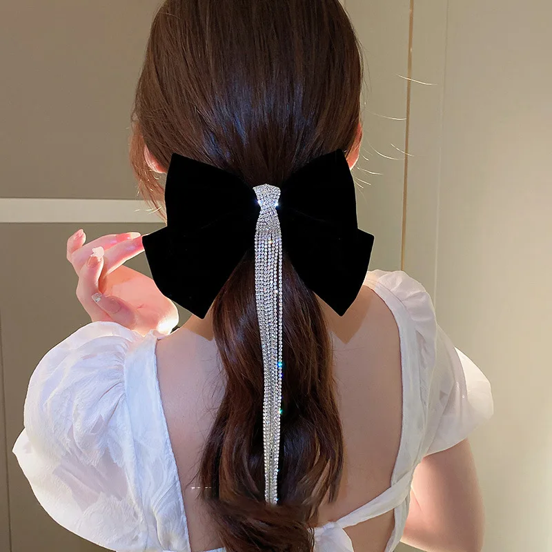 Elegant New Bow Velvet Hairpin Girl Rhinestone Tassel Hairpin Korean Handmade Headdress Fashion Hair Accessories Female