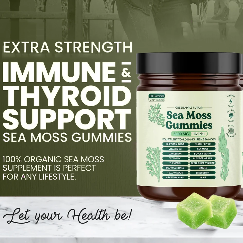 

Жевательные конфеты из морского моха на 6000 мг с жердочкой и корнем лопухи — натуральный ирландский морской мох для поддержки иммунитета, щитовидной железы и детоксикации, веганов