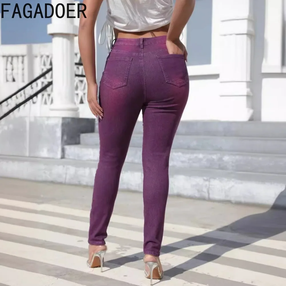 FAGADOER Fashion Purple Tie Dye Printing Denim Pencil Pants Women High Waisted Button Skinny Jean Trousers Female Cowboy Bottoms