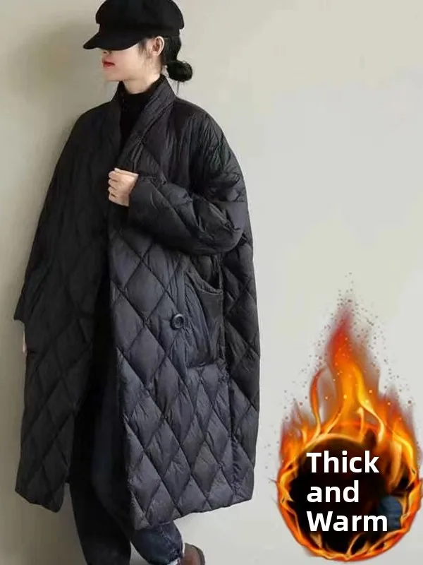 Artistic Large Size down Cotton Jaet Women Long over Knee Loose Thin Thiened Bread Sle Winter Clothes Polyester Fabric