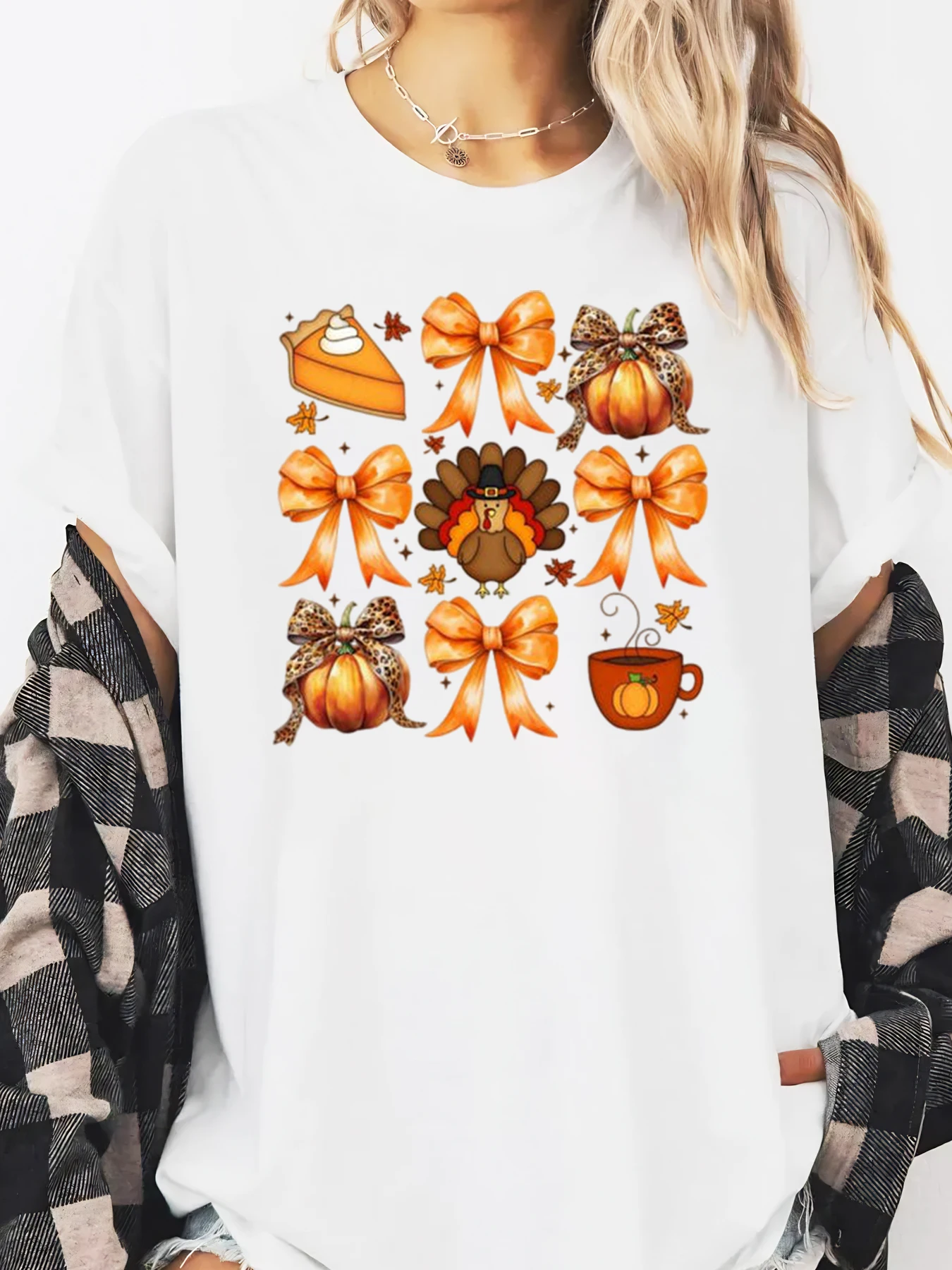عيد الشكر تركيا فطيرة اليقطين القوس طباعة تي شيرت المرأة عادية مهرجان الخريف الأبيض حجم كبير