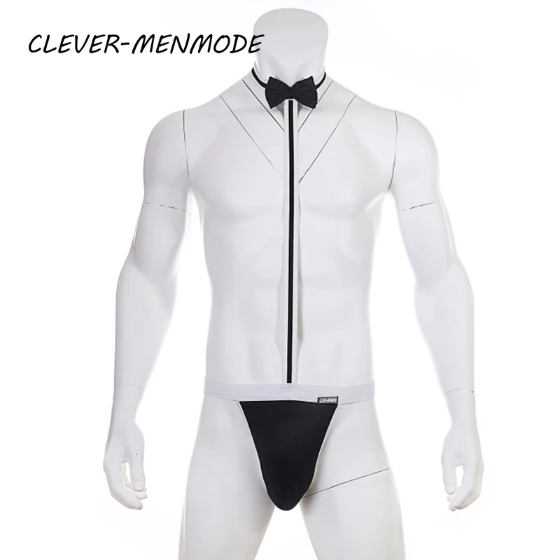 CLEVER-MENMDOE 참신 섹시한 남성 Mankini 끈 게이 속옷 에로틱 란제리 웨이터 포르노 의상 멜빵 바디 슈트 넥타이 테디