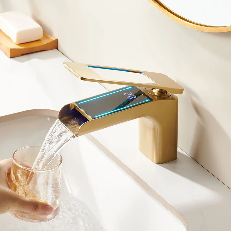 Smart LED Waterfall Bathroom Faucet Digital Temperature Display Single Handle Sink Tap with 3-Color Temperature Sensing Light